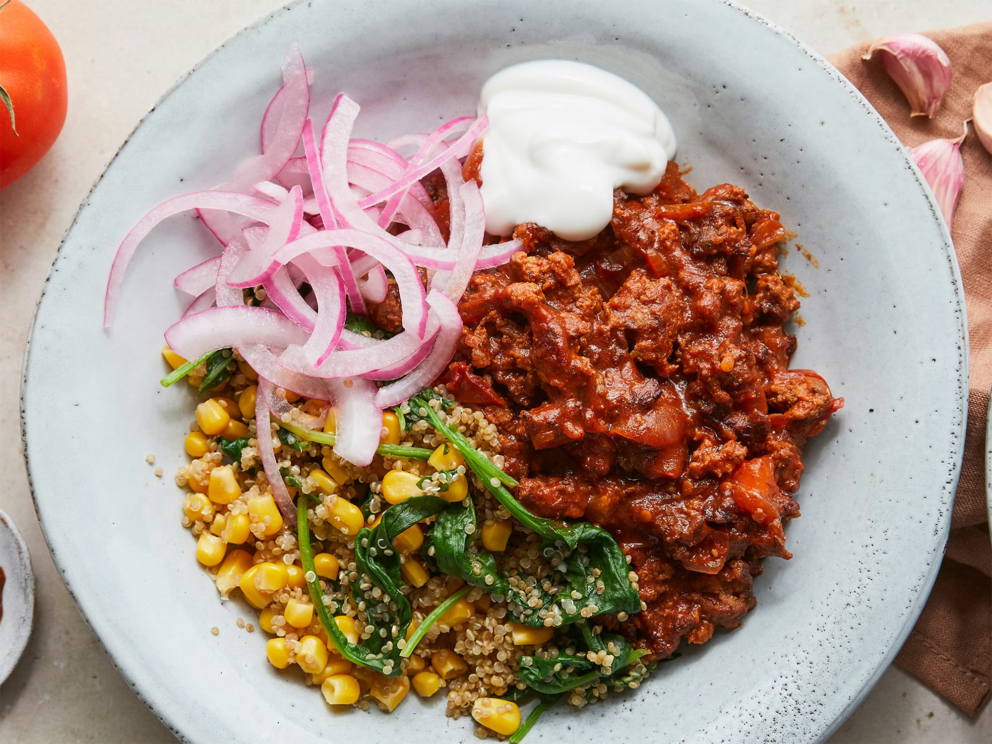 Beef Burrito Bowl with Corn Quinoa & Pickled Onion