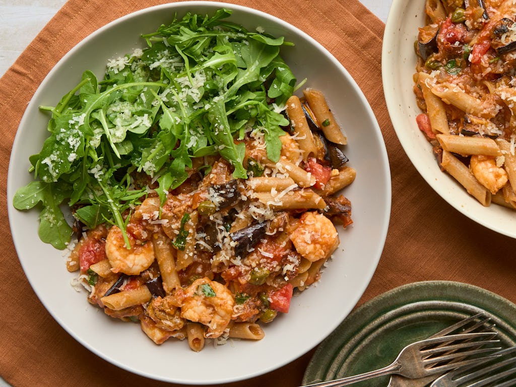 King Prawn & Roasted Aubergine Arrabbiata - pasta with prawns and rocket